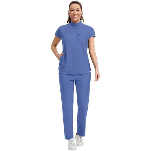 Kitmaz Medical Scrub Set For Women - Modern Mandarin Collar Oversized Scrub Top & Skinny Straight Scrub Pants, 13 Pockets