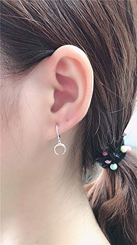 Tiny Moon Dangle Hoop Earrings For Women Girls Teens S925 Sterling Silver Charms Hoops Crescent Half Moon Horn Drop Tiny Cuff Cartilage Helix Minimalist Polished Earrings Fashion Jewelry (Silver) #TOP3