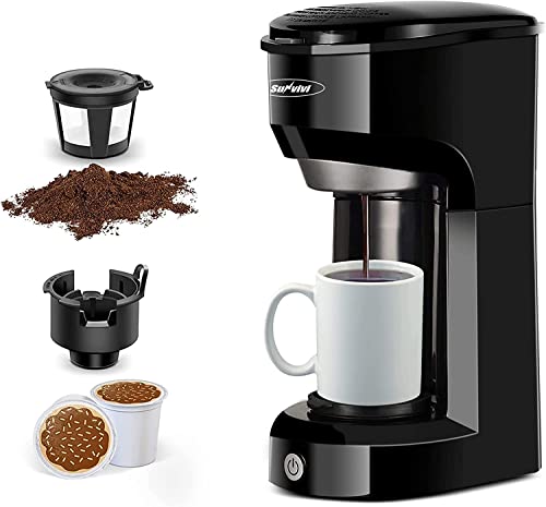 Single Serve K Cup Coffee Maker for Pods and Ground Coffee, Permanent Filter, 6-14OZ Reservoir One-Touch Control Button Coffee Machine,Black
