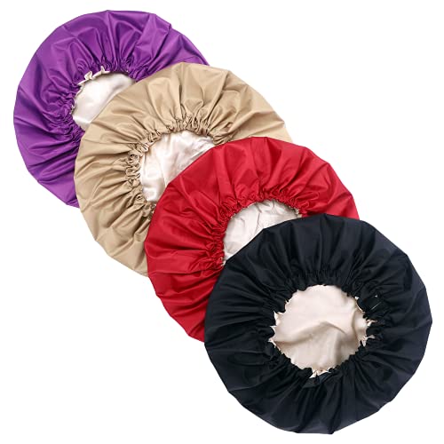 Shower Cap – 2 pcs Large Shower Cap – 15 inch Extra Large Shower Cap for Women – Waterproof Polyester Design with Inner Satin Layer - Adjustable Shower Cap with Buckle and Tightening Belt