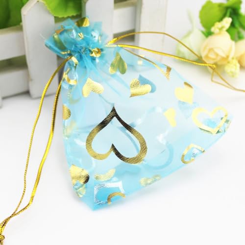 Image of QIANHAILIZZ 100 pcs 3.5 x 4.7 Inch Flower Heart Organza Jewelry Gift Pouch Candy Pouch Drawstring Wedding Favor Bags X92 (turquoise gold heart)