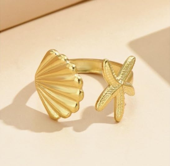 Adjustable Open Ring for Women, Stainless Steel Sea Shell and Starfish Design, Vacation Style Jewelry in Gold or Silver - Image 4