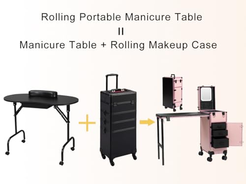 Image of Portable Manicure Table with 3 Drawers, Rolling Foldable Nail Desk with Detachable Mirror, Professional Makeup Train Case with Wheels and TSA Lock for Nail Techs & Salon Use