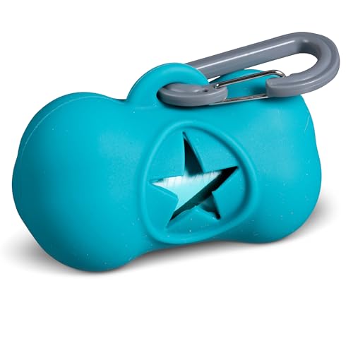 Image of Messy Mutts Silicone Dog Waste Bag Holder | Dog Poop Bag Dispenser with Carabiner and Bags | Unscented Roll Included - 15 bags | Leash Essential | (Blue)