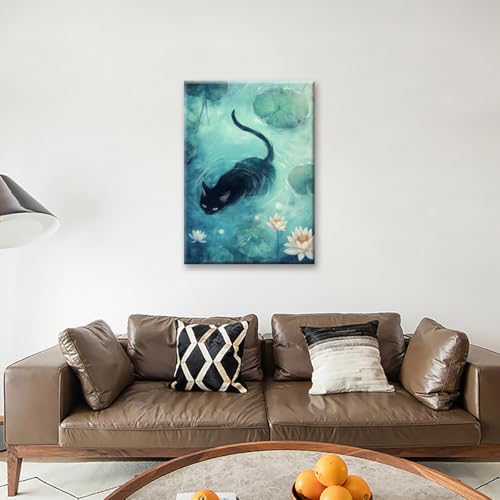 Chat noir nageant tableau sur toile pour masquer un mur vide