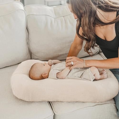 Image of Konssy Muslin Baby Lounger Cover 2 Pack, 100% Cotton Newborn Lounger Cover, Soft and Breathable Lounger Slipcover for Boys Girls, Covers Only (Oat,Pink Sun)