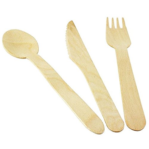 CONCEPT4U® Juego de 100 cubiertos de madera, cuchillos, tenedores, cucharas, desechables, biodegradables, para fiestas, jardín, barbacoa, vajilla, servicio de alimentos, catering, madera de abedul