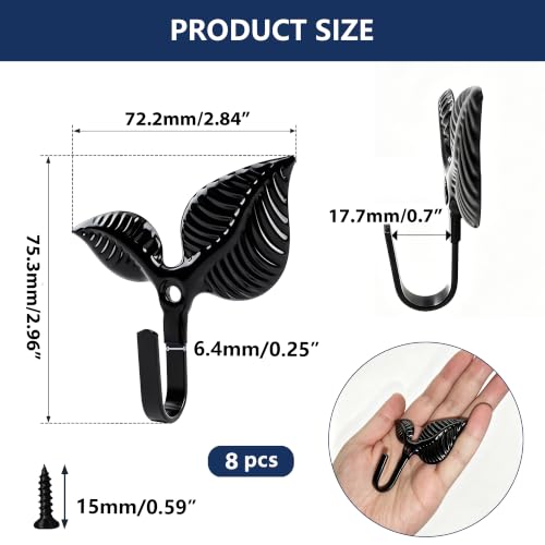 Set of 8 Vintage Leaf Wall Hooks Black Metal Coat Hooks Heavy Duty Decorative Iron Hook Wall Mounted Hangers for Hanging Towels Coats Hats Scarf Bags Keys Home Decor for Kitchen Bathroom Entryway by RiseDirectly - Used condition - Image 2