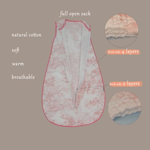 Image of Muslin Cotton Toddler Girl Sleeping Bag 0.5-0.7 TOG (2-3T) - Lightweight & Breathable Wearable Blanket, Sleeveless Sleep Sack with 4-Layer Front & 2-Layer Back, All-Season Use