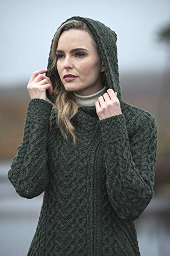 Aran Crafts Women's Cable Knit Long Hooded Side Zip Coat (100% Merino Wool)4
