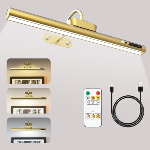 Rechargeable Picture Light with Motion Sensing, 4000mAh Battery Operated Wall Light with Timer & Memory & 3 Color Temps & Brightness Adjustable, Wall lamp for Dartboard Photo Mirror (15.7”, Gold)
