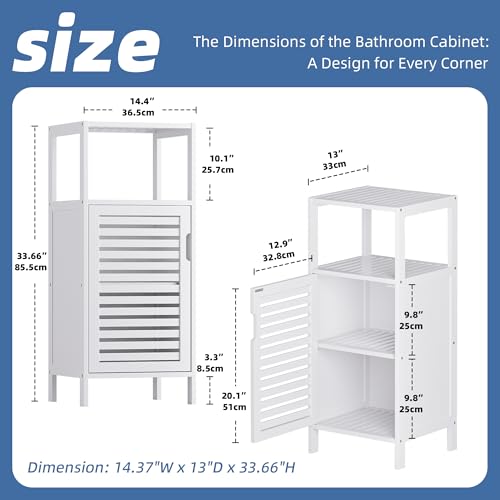 HITNET Bamboo Bathroom Storage Cabinet, 4 Tier Small White Floor Cabinet with Single Door, Free Standing Slim Narrow Storage Organizer for Bedroom Living Room - Thumbnail 3
