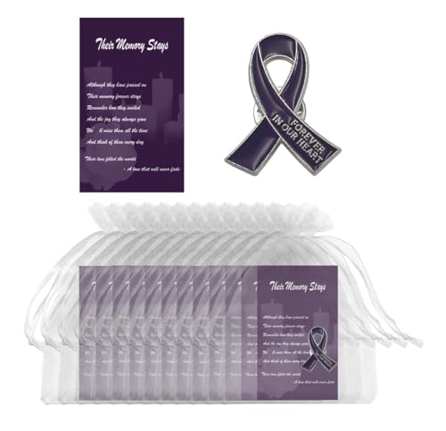 Image of 60 Set Funeral Ribbon Pins Memorial Pin Forever in Our Hearts Lapel Pin Remembrance Brooch with Prayer Cards & Organza Bags