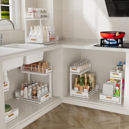 Under Sink Organizer Kitchen - Upgraded Professional Rails, 2 Tier Dual Pull Out Cabinet Storage, Height Adjustable Under Sink Storage, Metal Sliding Drawer for Kitchen & Bathroom, White, 2 Pack by HOMEBOSILY - Image 8