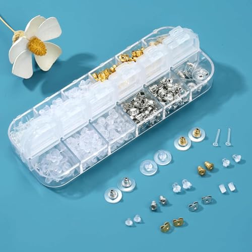 Canollo 12 Styles Ohrstecker Verschluss, 600 Stück Ohrring Verschluss, Ohrringheber und Ohrläppchenhalter, Veiche Silikon Sicherheitsverschlüsse Ohrringstecker, Metall Ohrringe Stecker Verschlüsse