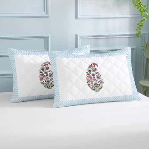 Image of LINENWALAS Block Printed Cotton Quilted Pillow Cover - Set of 4 | Ultra-Soft, Cooling & Breathable | Skin & Hair Friendly|Zipper Closure |Sweat-Absorbent & Hypoallergenic (18x28 Inches, Paisley Bloom)