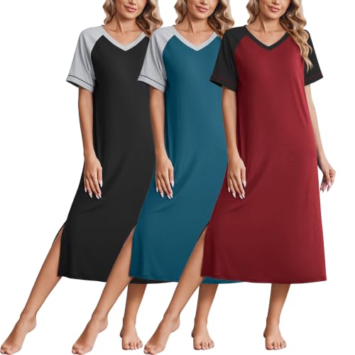 Ekouaer 3 Pack Long Nightgowns for Women House Dress Plus Size Moo Moos | Short Sleeve V Neck Night Gowns,Color Block House Dress,Ladies Lounge Dress,Casual Night dress for Sleeping,Daily Wear