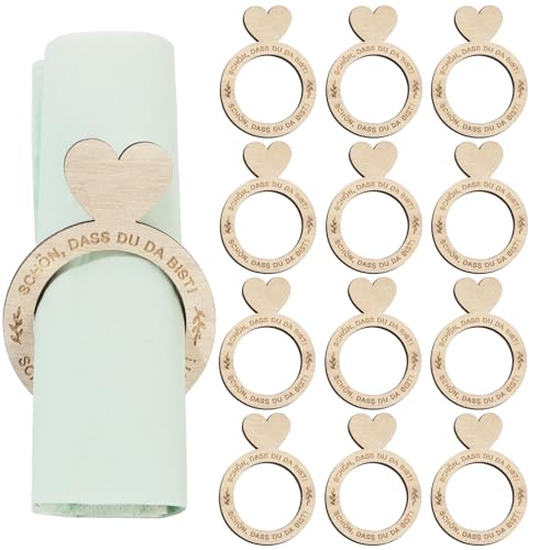 MEJOSER 12 Stück Hochzeitsdeko Tisch Serviettenringe Schön DASS Du Da Bist Holz Servietten Ringe Banderole Tischdeko Hochzeit Serviettenschnallen Taufe Babyparty Geburtstag Kommunion
