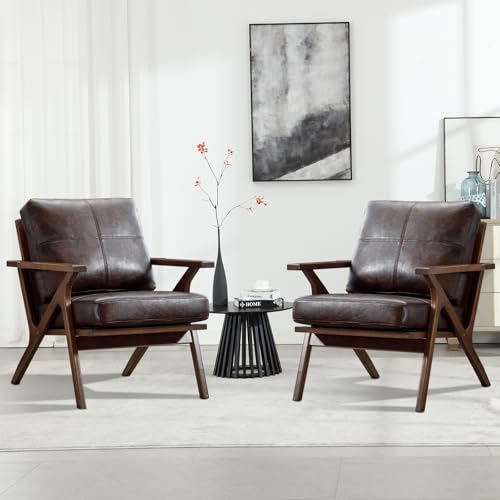 INZOY Mid-Century Modern Accent Chair with Wood Frame Set of 2, PU Leather Living Room Chair and Soft Thick Padded Armchair for Living Room Bedroom Reception with Removable Upholstered Cushions, Brown