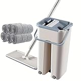 Mop & Bucket Set with Wringer, Flat Mops for Floor Cleaning, Wall Cleaner with Long Handle, Hardwood Floor Mop with 6 Microfiber Pads