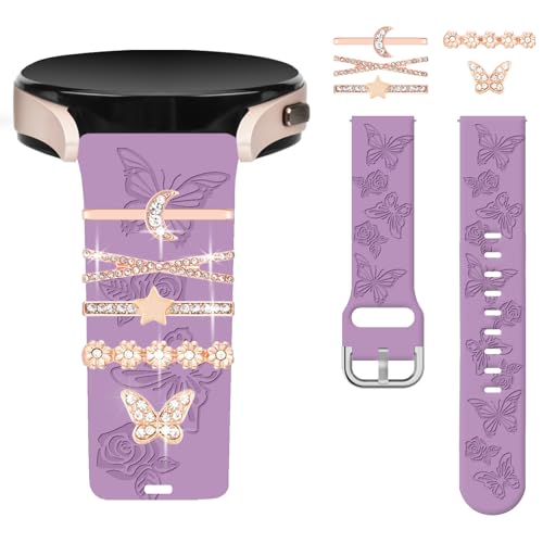 Watbro Floral Engraved Band and Decorative Rings Loops Compatible with Samsung Galaxy Watch 7/FE/6/5/4 Band with Charms,20mm Soft Silicone Sport Band for Garmin Vivoactive 5/Vivoactive 3 Smart Watch