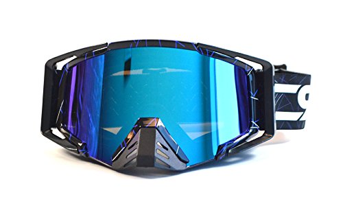 CRG Motocross ATV Dirt Bike Off Road Racing Goggles Adult T815-105 Series (Black w/Blue Strips)