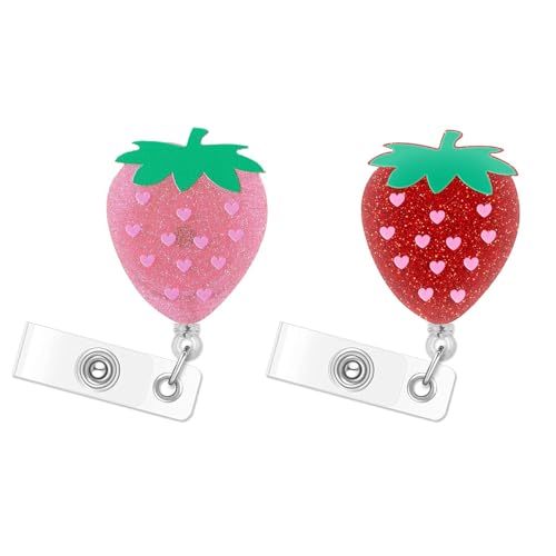 2Pcs Strawberry Badge Reel Retractable Personalized ID Name Badge Holder with Retractable Clip | Cute Nurse Gifts, Funny Badge Holder