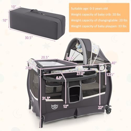 Image of BABY JOY 4 in 1 Pack and Play, Portable Baby Playard with Bassinet & Flip-Away Changing Table, Canopy, Portable Bedside Crib with Storage Basket, Oxford Bag, Infant Bassinet from Newborn to Toddlers