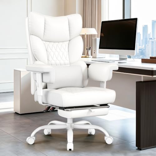 Image of Misolant Big and Tall Office Chair with Footrest, High Back Executive Desk Chair with Adjustable Lift Armrest, 155Recline,Lumbar Support Pillow, Faux Leather Gaming Chairs for Home All White