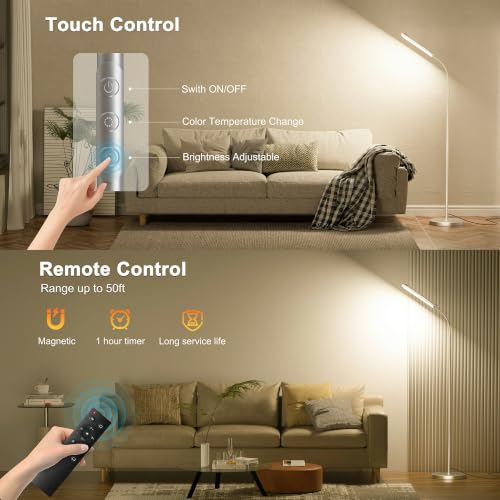 Image of Yikuneng Dimmable LED Floor Lamp, Super Bright Reading Lamps Floor Standing lamp with Remote & Touch Control, Stepless Dimming & 2700K-6500K Color Temperature, for Living Room Bedroom Office, Silver