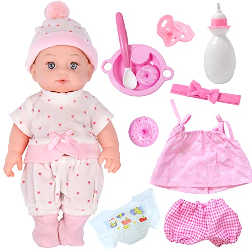 DONTNO 12 Inch Soft Body Baby Doll, Vinyl Reborn Baby Doll with Clothes and Accessories Set Including Pacifier Bottle Tableware and 2 Sets of Clothesâ¦