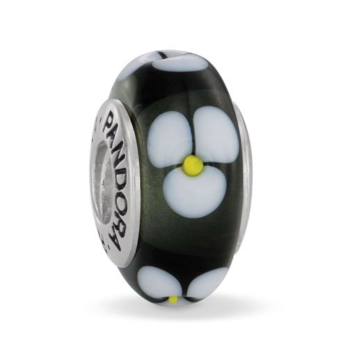 Abalorio de pandora Murano Flor negra, dije floral de plata y vidrio
