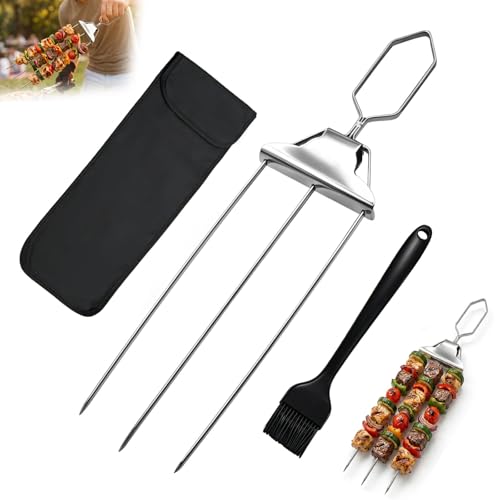 3 Prong Kabob Skewers for Grilling Set 14.7 Stainless Steel Metal BBQ Skewers with Push-Off Slider Silicone Basting Brush & Storage Bag Reusable Shish Kabob Skewers for Meat & Vegetables