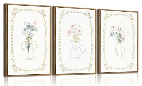 KISSFOX 3 Piece Botanical Framed Wall Art Sketch Flower Pictures