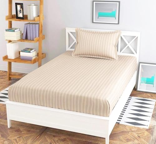 WUSA 210 TC Cotton Satin Stripes Plain Single Bedsheet (60x90 inch) with One Pillow Cover (18x28 inch) - Soft & Comfortable Bedding (Cream)