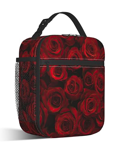 CXULIN Red Rose Flowers Lunch Bag for Kids,Vintage Floral Insulated Lunch Box for Women, Large Capacity with Mutiple Pockets Gilrs Boys School Thermal Bag for Work,Picnic,Hiking