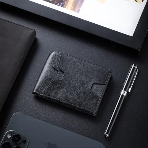 Image of Front Pocket Wallet for Men Slim Lightweight RFID Blocking Genuine Leather Bifold Thin Wallet with 10 Card Slots, Black