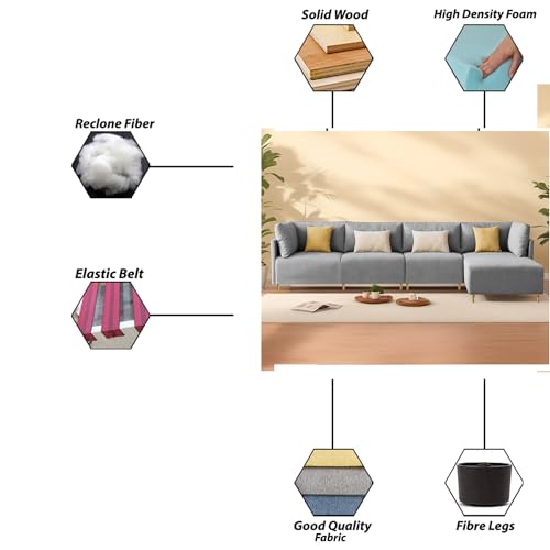 Image of Carina RHS 6 Seater L Shape Sofa Set for Living Room (Grey Fabric) Premium Fabric Sofa