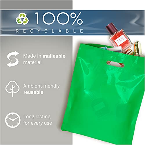Green Merchandise Plastic Shopping Bags - 200 Pack 9" X 12" With 1.5 Mil Thick - Die Cut Handles - Perfect For Retail, Party Favors, Birthdays, Children Parties - Color Green - 100% Recyclable #TOP5