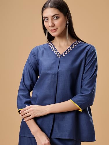 Image of Bani Women Co-ord Set, Top and Trouser Set 2 Piece Outfit, 3 /4 Sleeves Embroided V Neck, Coord Sets for Women| Western Dress, Stylish Design for All Occasions