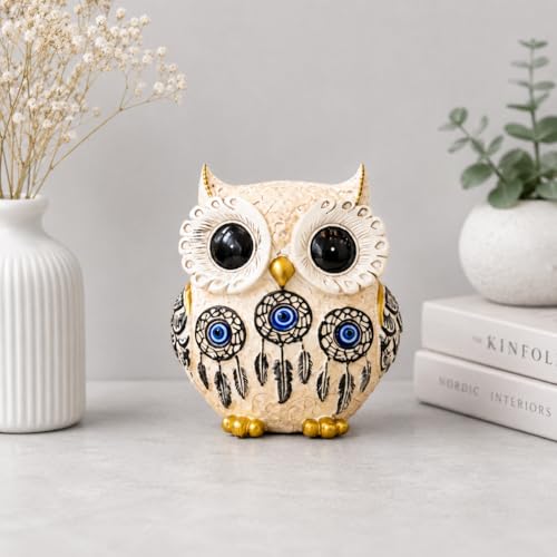 Image of Owl Showpiece for Home Decor, Resin Figurine with Gold Detailing, Lucky Evil Eye Owl Statue for Living Room, Office & Gifting (Off White)