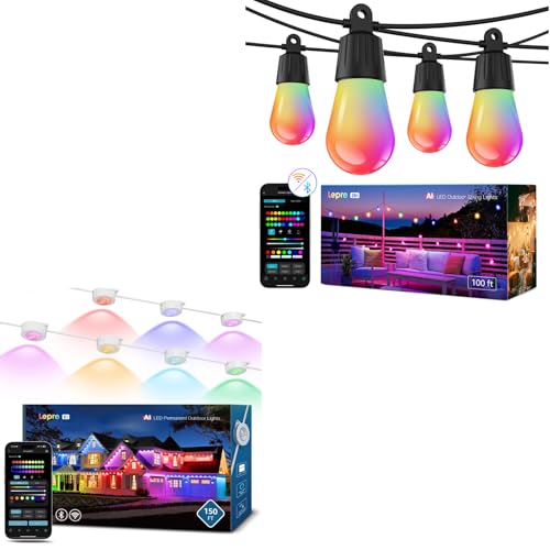Lepro Bundle - 150ft E1 RGB+IC AI Smart Permanent Outdoor Lights with 30 Warm/Cool LED Lights & 100ft ZB1 RGB+IC AI Smart Outdoor String Lights with 3