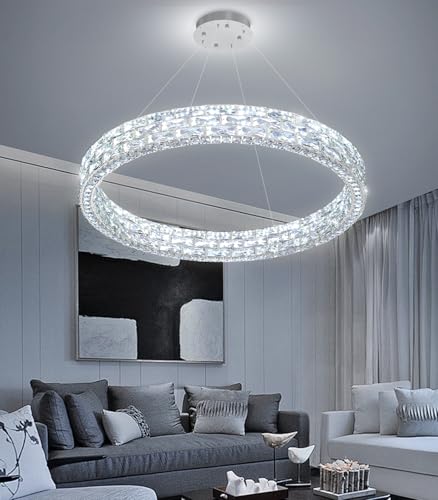 AFQEJG LED Chandeliers for Dining Room 32 Inch Chandelier Height Adjustable Ceiling Pendant Lights Remote LED Dimmable Lighting for Living Room Staircase Entryway Silver — view 4