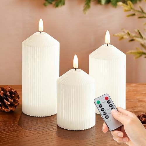 Image of LUSHARBOR Flameless Candles with Remote, 3 Pack Battery Operated Candles Flickering Real Wax LED Fake Pillar Candles with Timer for Wedding Home Party, White