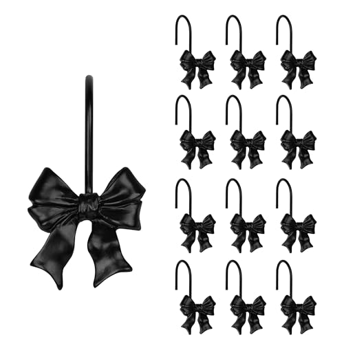 Sunlit Cute Bow Knot Shower Curtain Hooks Home Decorative Shower Curtain Rings for Bathroom Resin Shower Curtain Hangers Bathroom Accessories Set of 12 Black