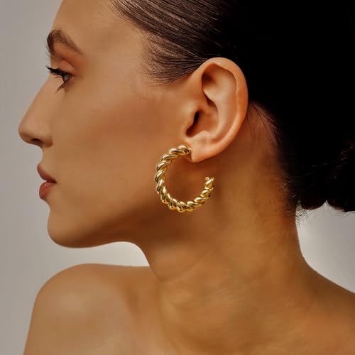 12 Pairs Chunky Gold Hoop Earrings for Women Trendy, Gold Plated Lightweight Hypoallergenic Stack, Thick Open Twisted Huggie Hoops Earring Set3