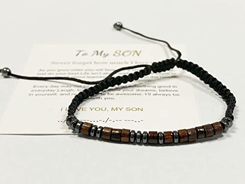 Homebearj To My Son Bracelet From Mom, Morse Code Bracelet Leather Braided For Men Boys, I Love You Adjustable Inspirational Wristband, Magnetic Bracelet For Son Birthday, Graduation Gifts #TOP1