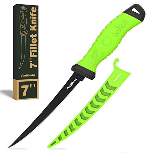ANTOWIN Faca de filete de pesca de 17 cm, facas de nível profissional para filetes de peixe e desossar carne, lâmina de revestimento antiaderente afiada de aço inoxidável, alças antiderrapantes, com