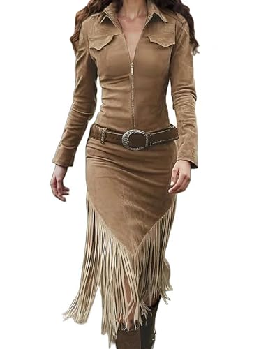 2025 Women’s Fall Winter Vintage Midi Dresses, Long Sleeve Slim Fit Suede Dress with Lapel, Tassels & Belt Daily