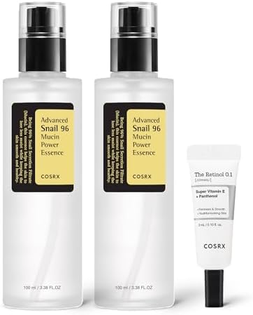 COSRX Snail 96% Mucin Power Essence 2ea & Retinol 0.1% Cream Mini Sample 1ea, Glass Skin Starter Set, Amazon Exclusive, Daily Hydrating & Firming Korean Skin Care Kit, Gift Set, Stocking Stuffers